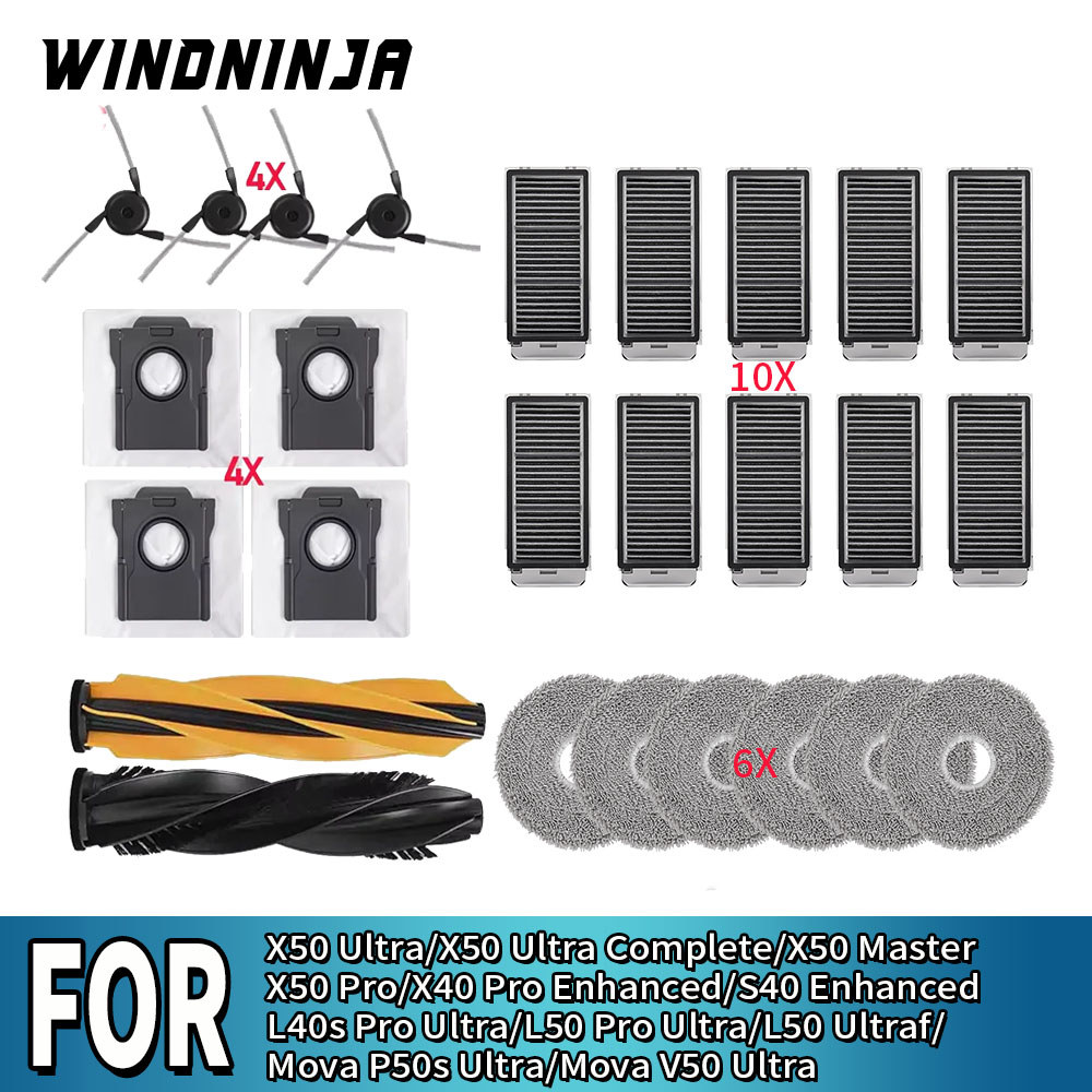Kit de Reposição para Escova Lateral Principal, Filtro, Pano de Mop, Saco de Pó, compatível com Dreame X50 Ultra/L50 Pro
