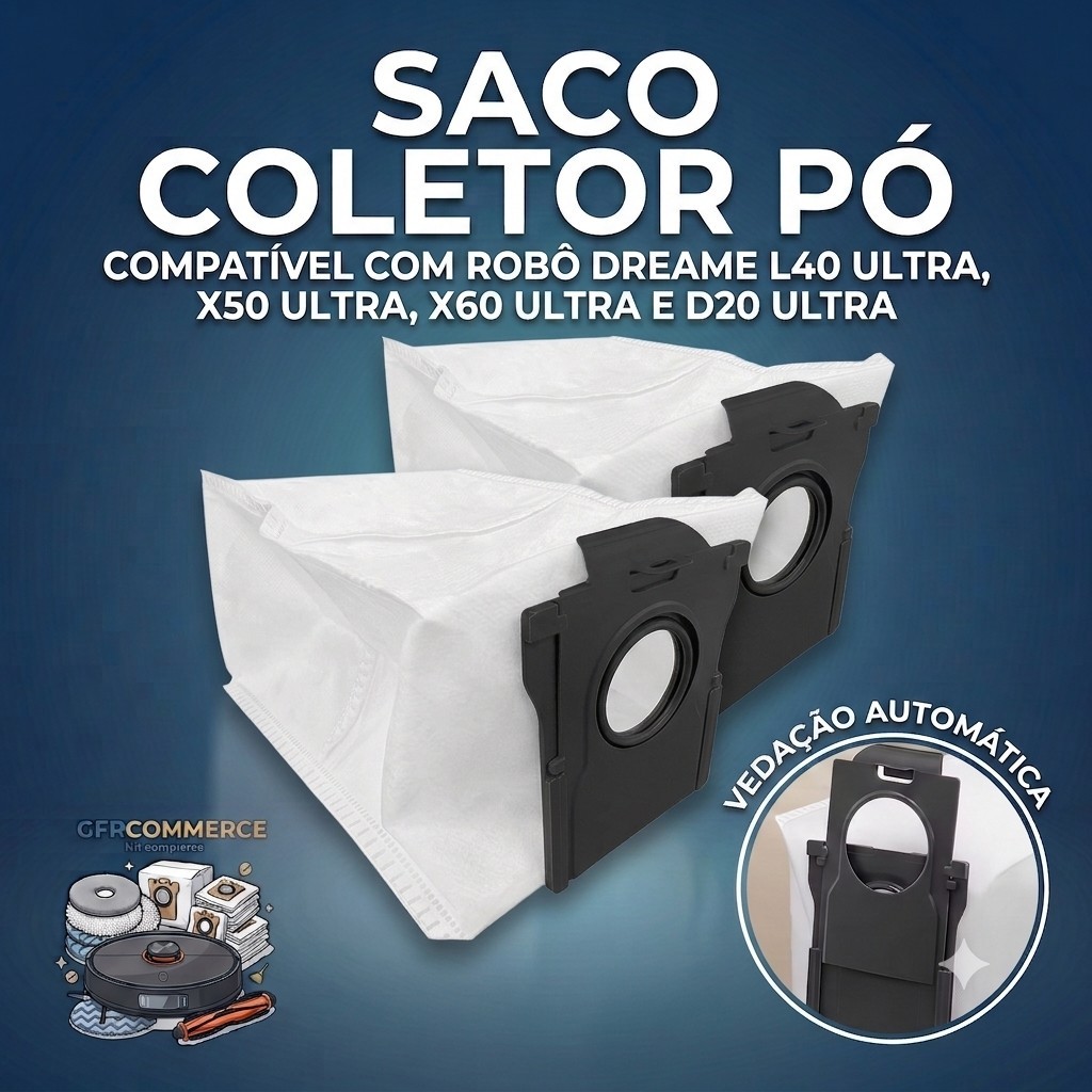 Kit 2 Sacos Coletor de Pó compatível com Robô Dreame L40 Ultra AE X50 X60 D20 Ultra