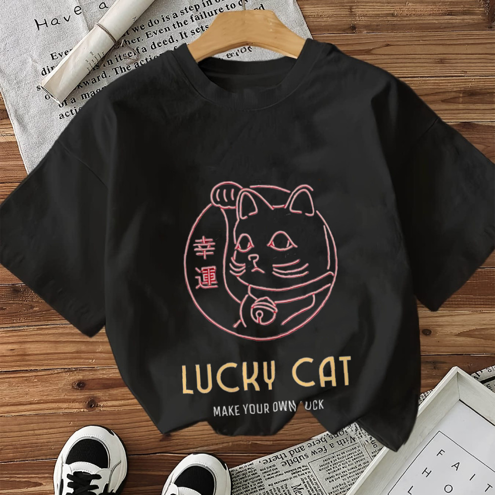 Camiseta Masculina Lucky Cat Make Your Own Luck Streetwear 2025 Novo