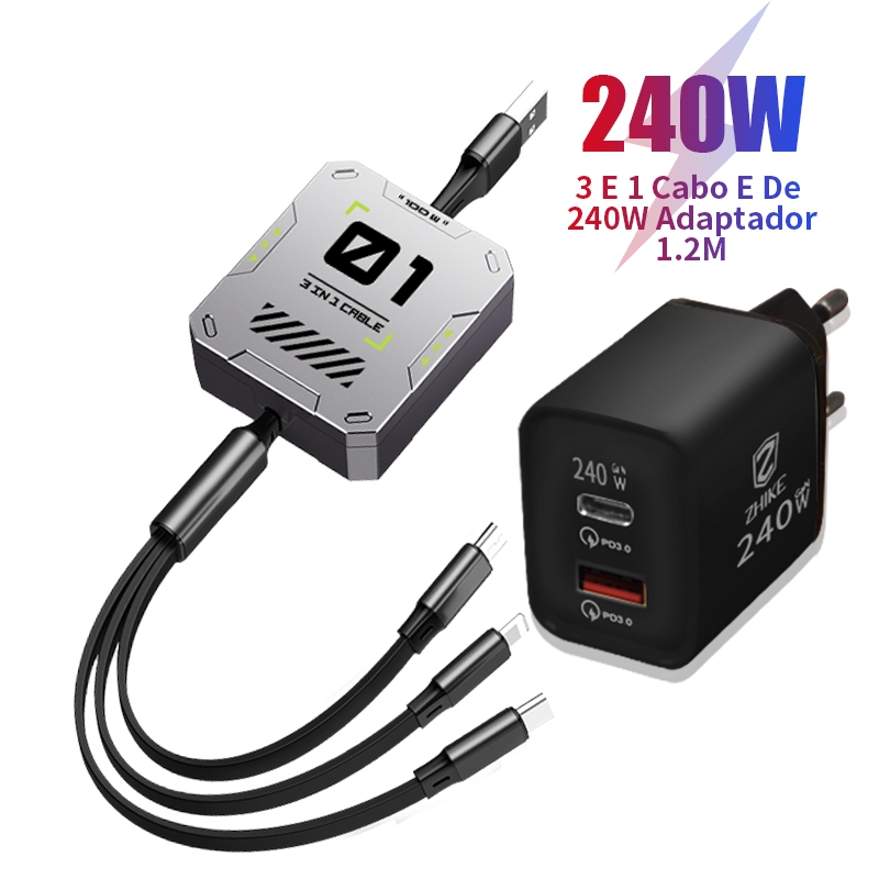 Carregador Celular Kit 240W ZHIKE Cabo Tipo C Carregamento Rápido Para Tipo C GaN Adaptador Power Delivery USB-C PD 1,2M
