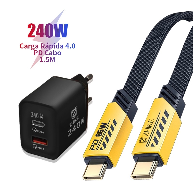 Carregador Celular Kit 240W ZHIKE Cabo Tipo C Nylon Trançado Carregamento Rápido GaN Adaptador USB-C Power Delivery 1,5M