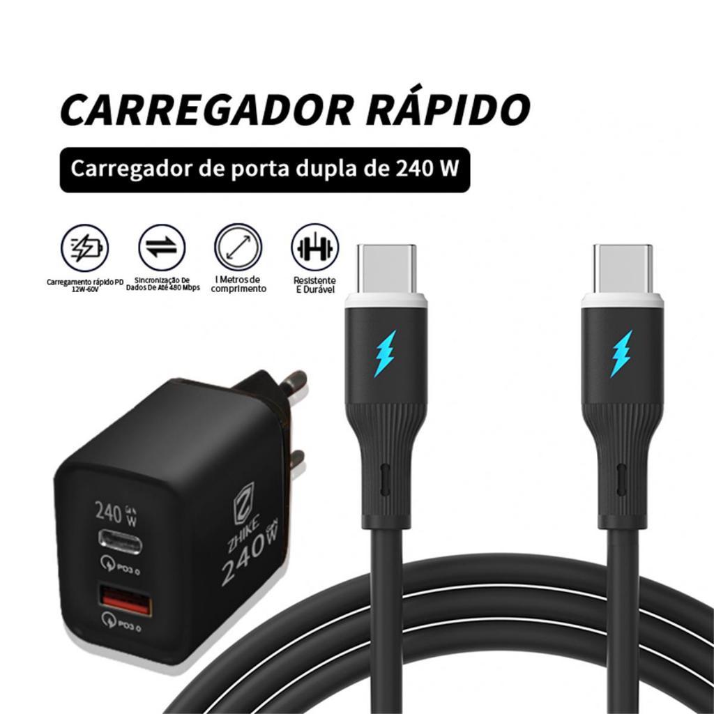 Carregador Celular Kit 240W ZHIKE Cabo Tipo C Carregamento Rápido GaN Adaptador USB C Power Delivery Carga Turbo PD 1,5M