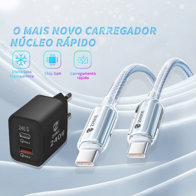 Carregador Celular Kit 240W ZHIKE Cabo Tipo C Para Tipo C Carregamento Rápido GaN Adaptador USB-C PD Power Delivery 1M