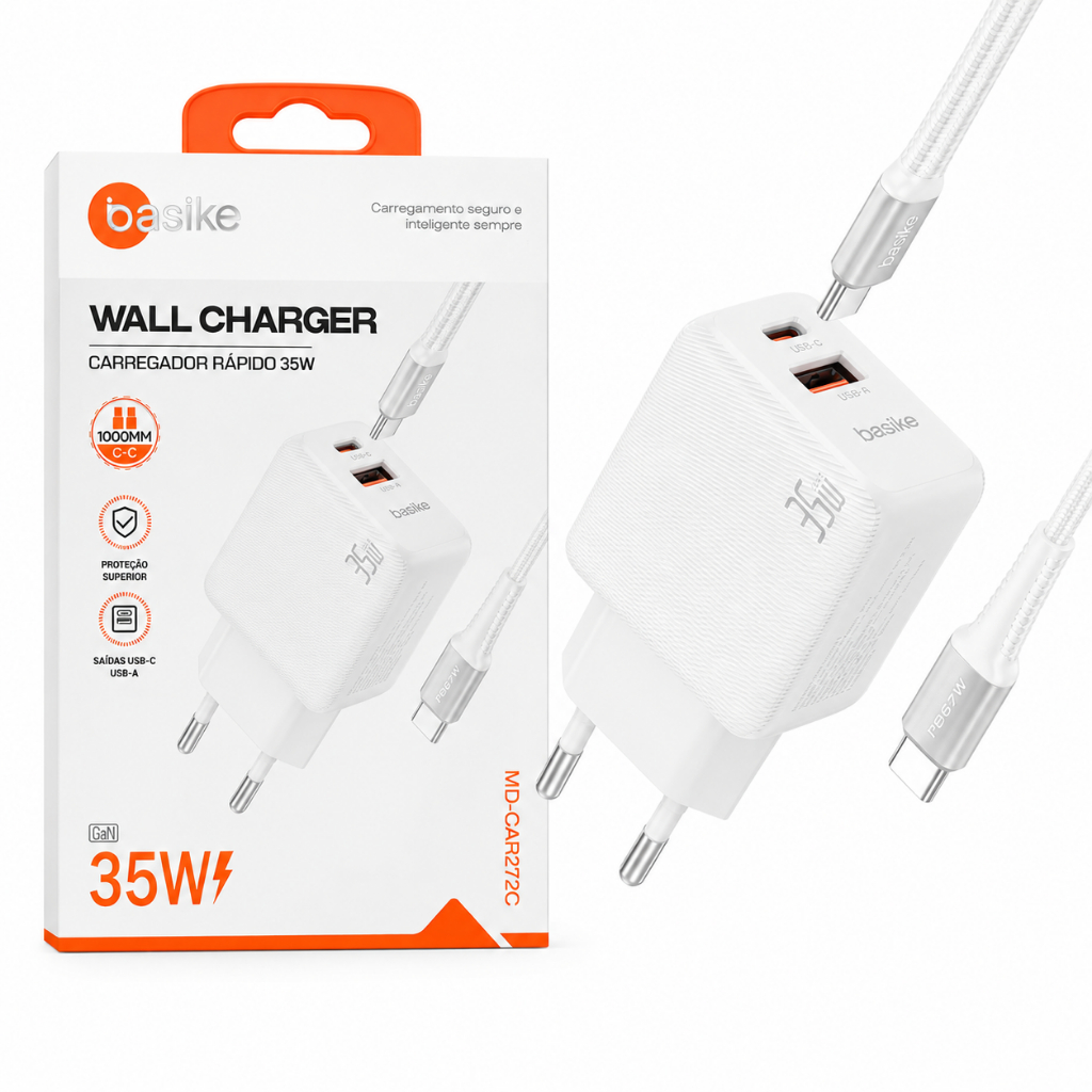 Carregador Turbo Gan 35w Basike Duo Usb - C Power Delivery e Usb - a com Cabo Reforçado Homologado Anatel