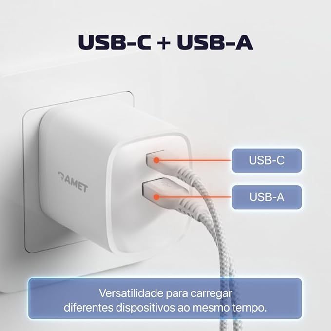 Amet Carregador de parede GaN Ultra Charger 25W, USB-C e USB-A, Power Delivery, Carregamento Ultrarrápido