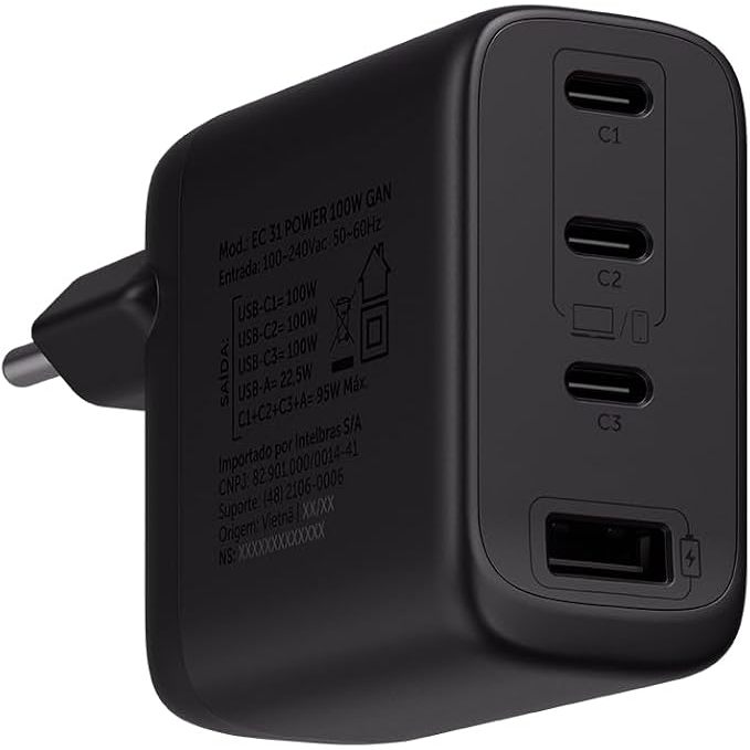 Carregador Turbo 100W Gan EC 31 Power com 3 Portas USB-C Intelbras