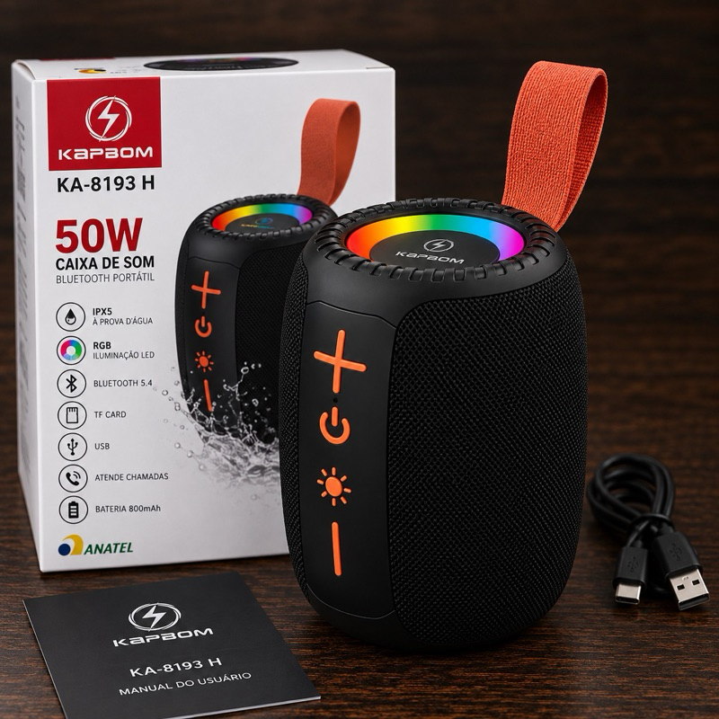 Caixa de Som Bluetooth Kapbom KA-8193 H 50W RGB IPX5