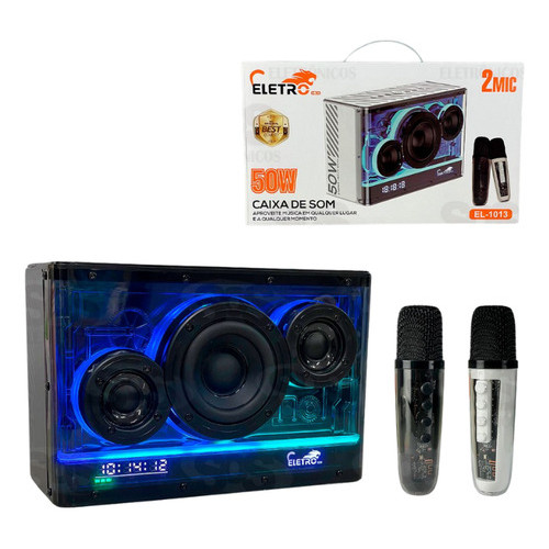 Caixa De Som Karaoke 2 Microfones 50w Bluetooth Recarregável Preto 127/220v EL-1013
