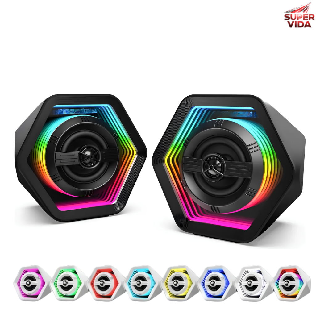 Caixa de Som Gamer Bluetooth Para PC Computador Notebook Som Potente 50W RGB LED P2 Graves Tomate