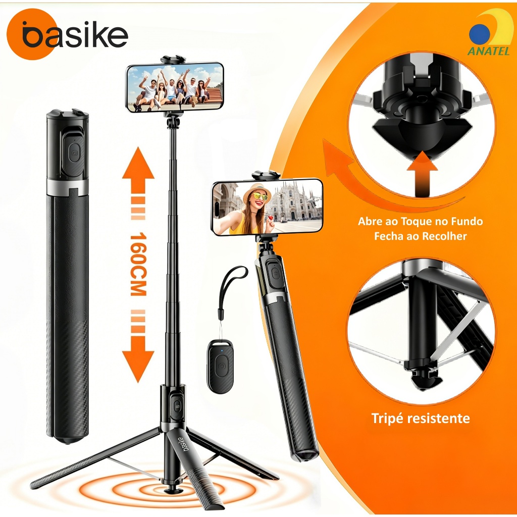 Basike Tripé 1.8M Pau de Selfie Retrátil Controle Bluetooth Rotação 360° Portátil