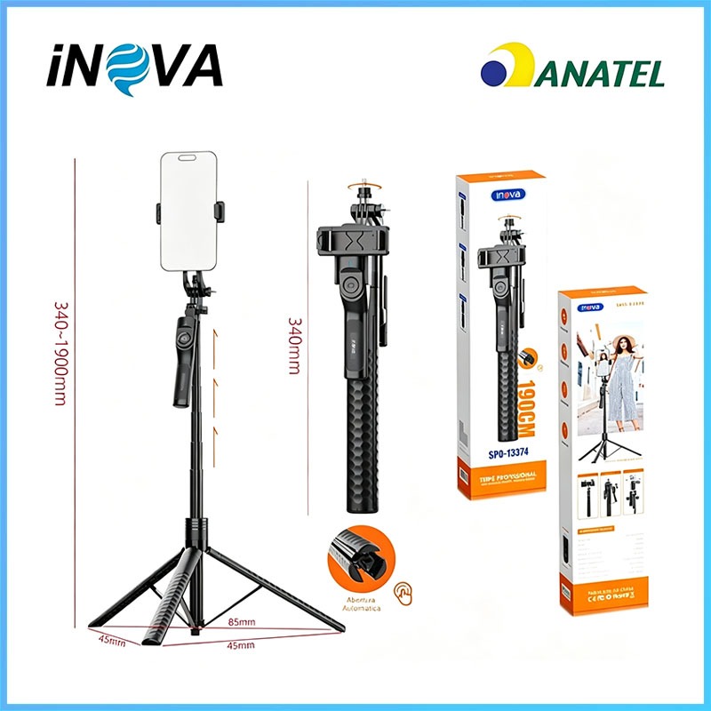 INOVA Tripé Selfie Stick Portátil 190cm 360° Rotação Controle Bluetooth 1/4 Polegada Aço Inoxidável 368g，spo13374