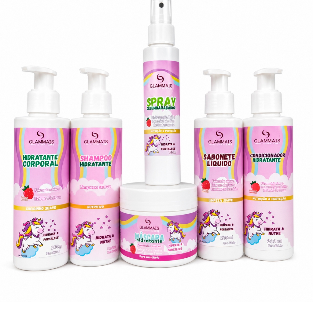 Kit Glammais Professional Care Infantil 6 Itens Shampoo Condicionador Hidratante Spray Desembaraçador Máscara Sabonete