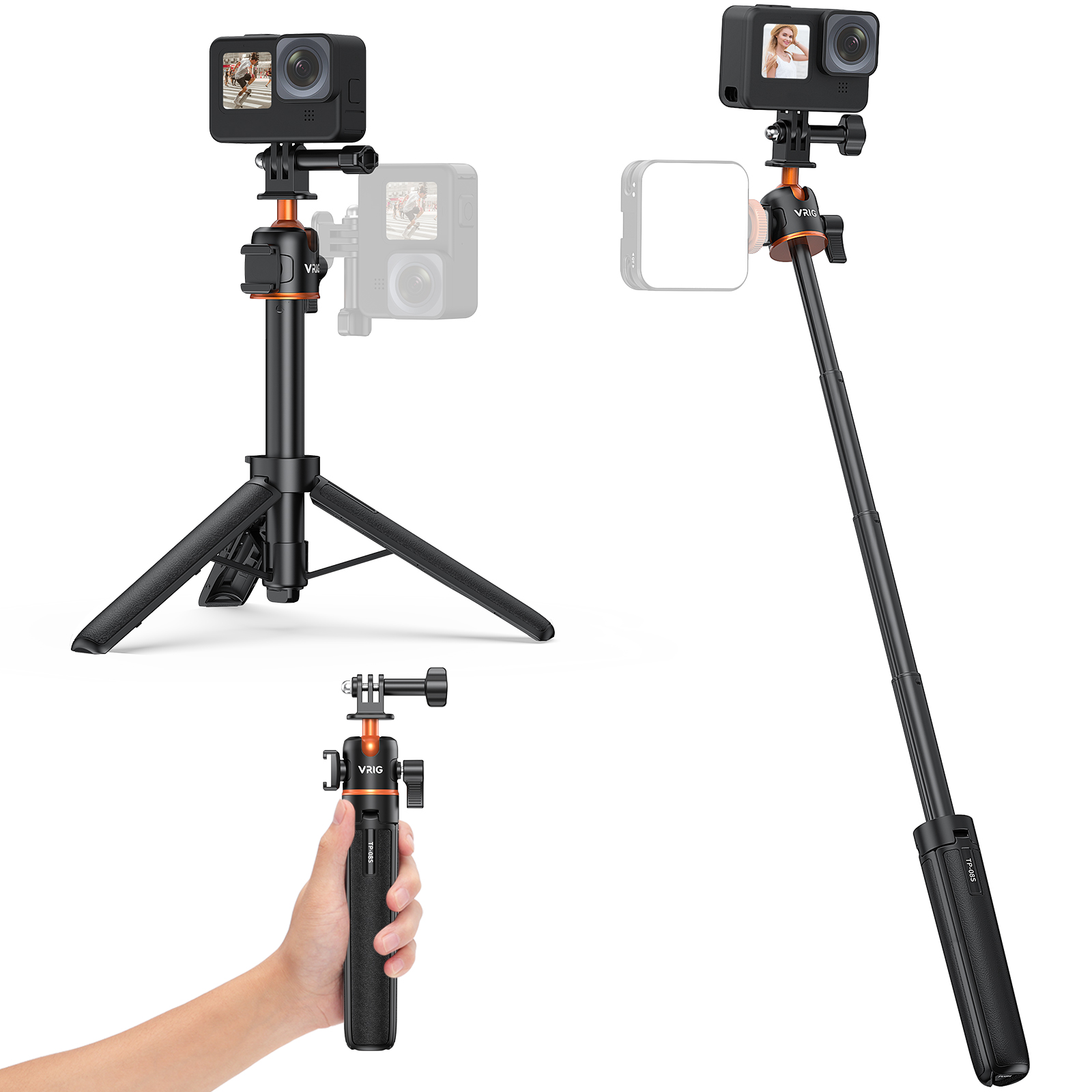 Suporte de tripé de bastão selfie de câmera esportiva VRIG TP08S atualizado em liga de alumínio, altura máxima 55cm, com