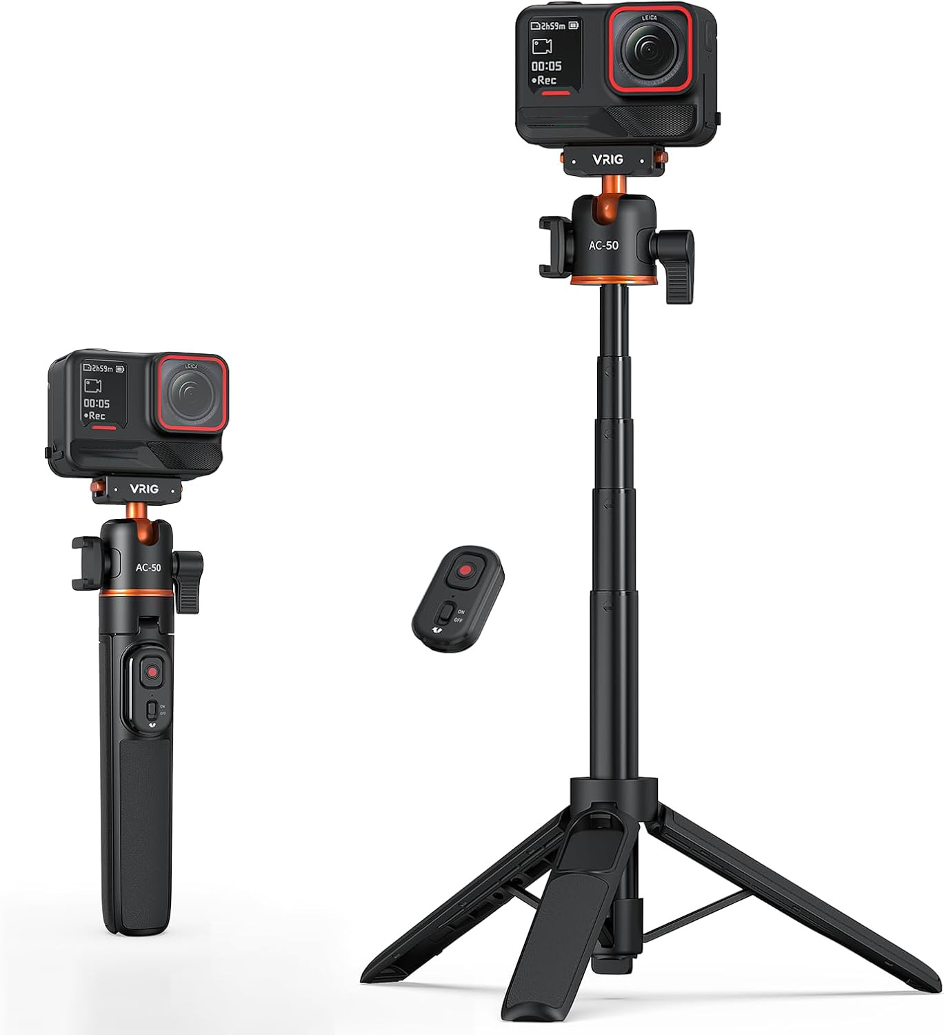 VRIG AC-50 Tripé de Bastão de Selfie, compatível com Insta360 Ace Pro 2 / Ace Pro / X5 / X4 Air, base de liberação