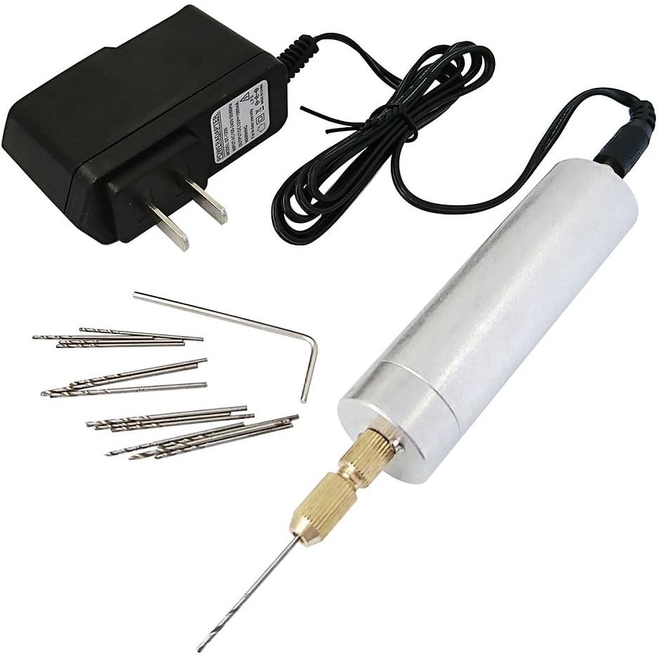 Yakamoz 0.7-1.2mm Mini Micro Electric Aluminum Hand Portable Handheld Drill with 15pcs Drill Bits, 2A Power Supply Inclu