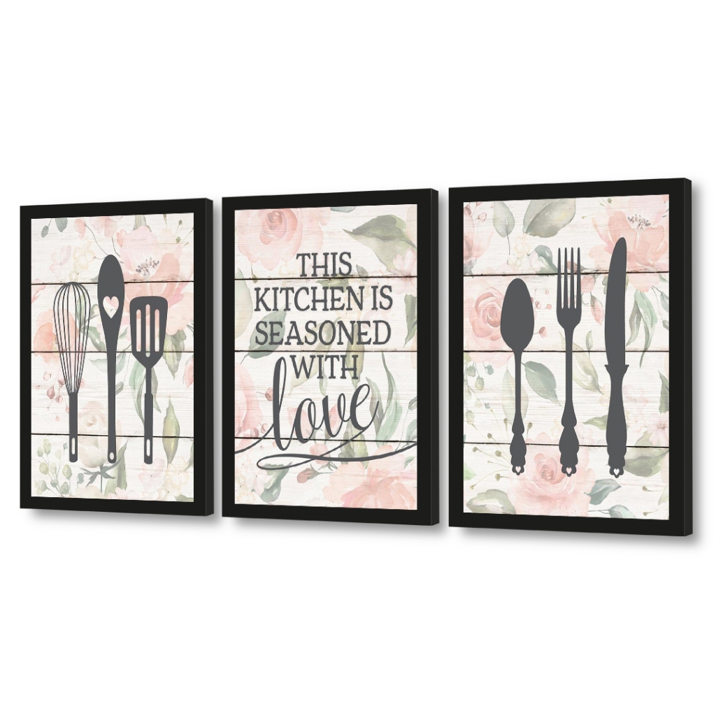 Trio de Placas ou Quadros Decorativos This Kitchen Seasoned With Love 24x33cm com Moldura e Acetato