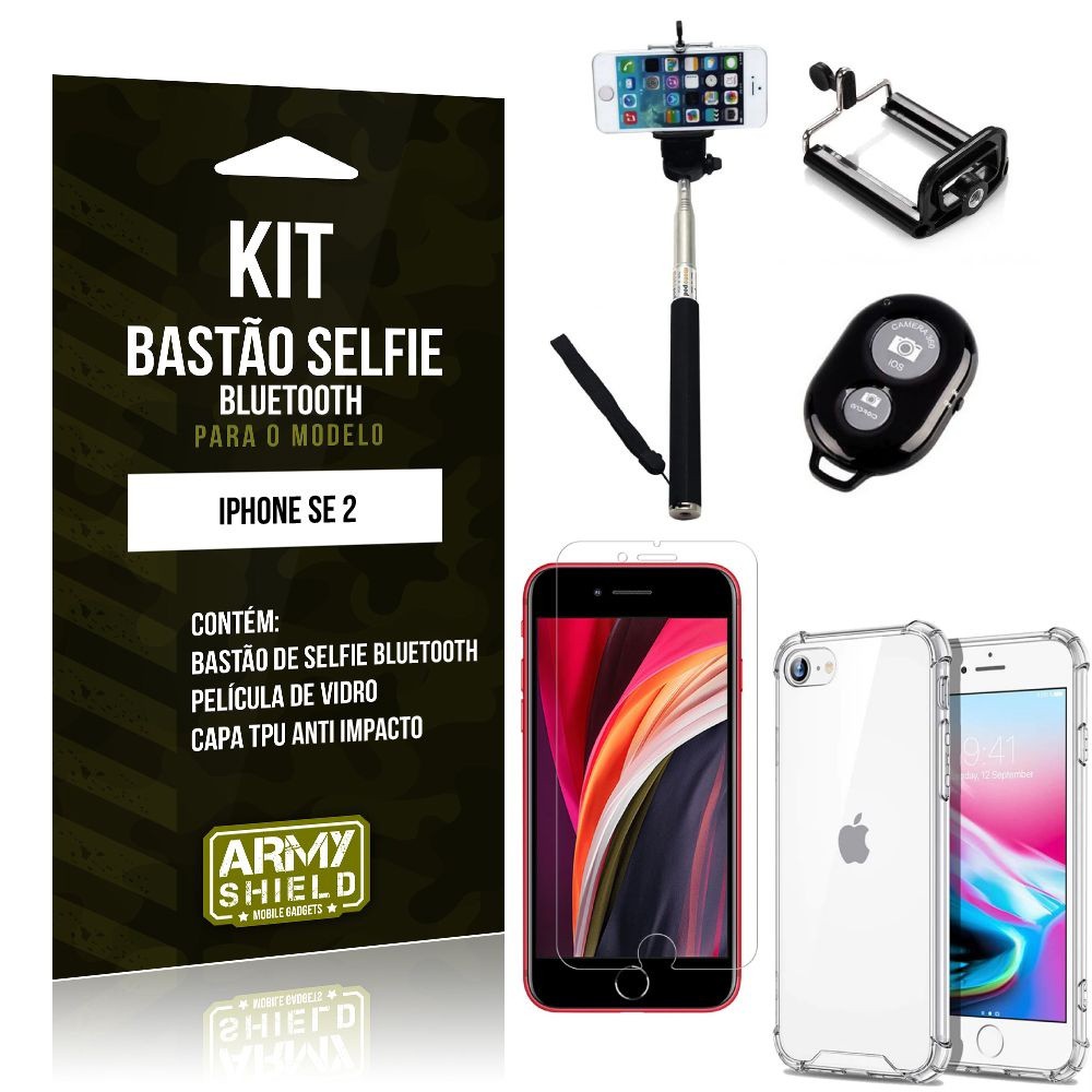 Kit Bastão de Selfie Bluetooth iPhone SE 2020 Bastão + Capinha Anti Impacto +Película Vidro - Armyshield