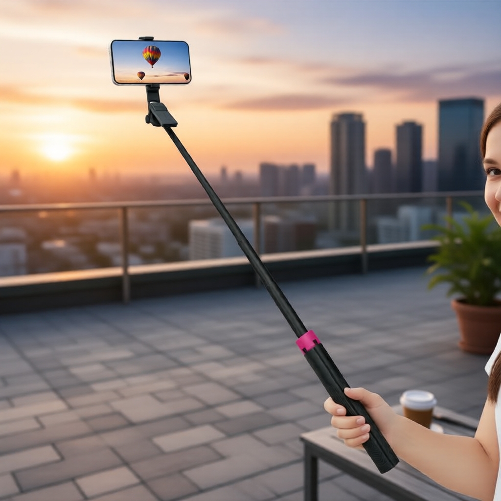 Bastão de Selfie Tripé Ajustável com Controle Bluetooth e Suporte para Celular, Compatível com iPhone e Android