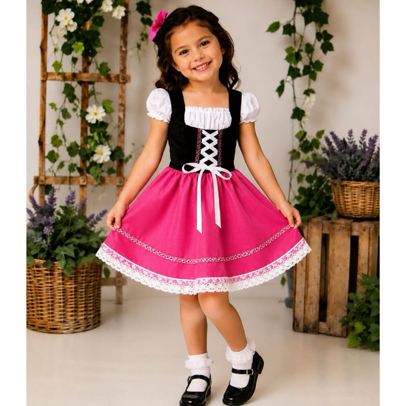 Vestido alemã infantil em oxford na cor rosa oktoberfest
