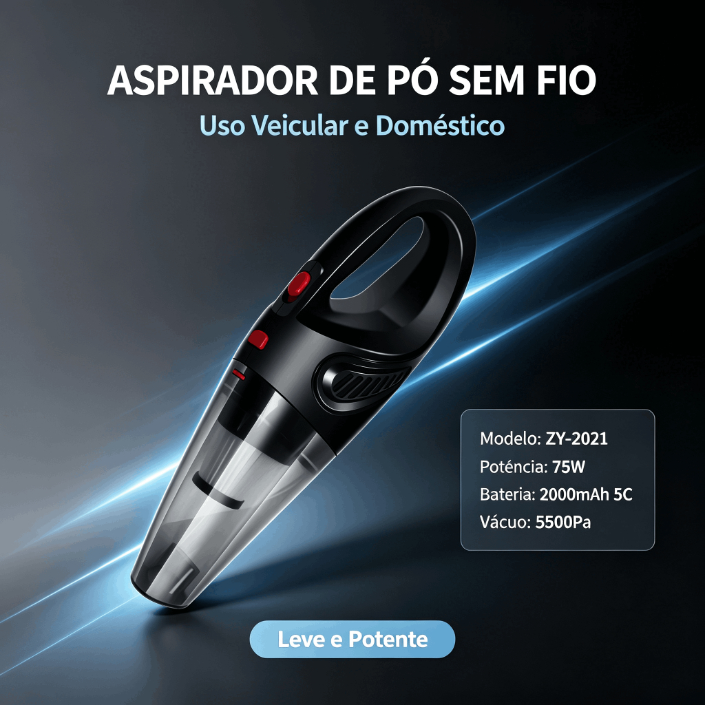 Aspirador de Pó Portátil Sem Fio 75W para Carro e Casa com Sucção de até 5500Pa Recarregável