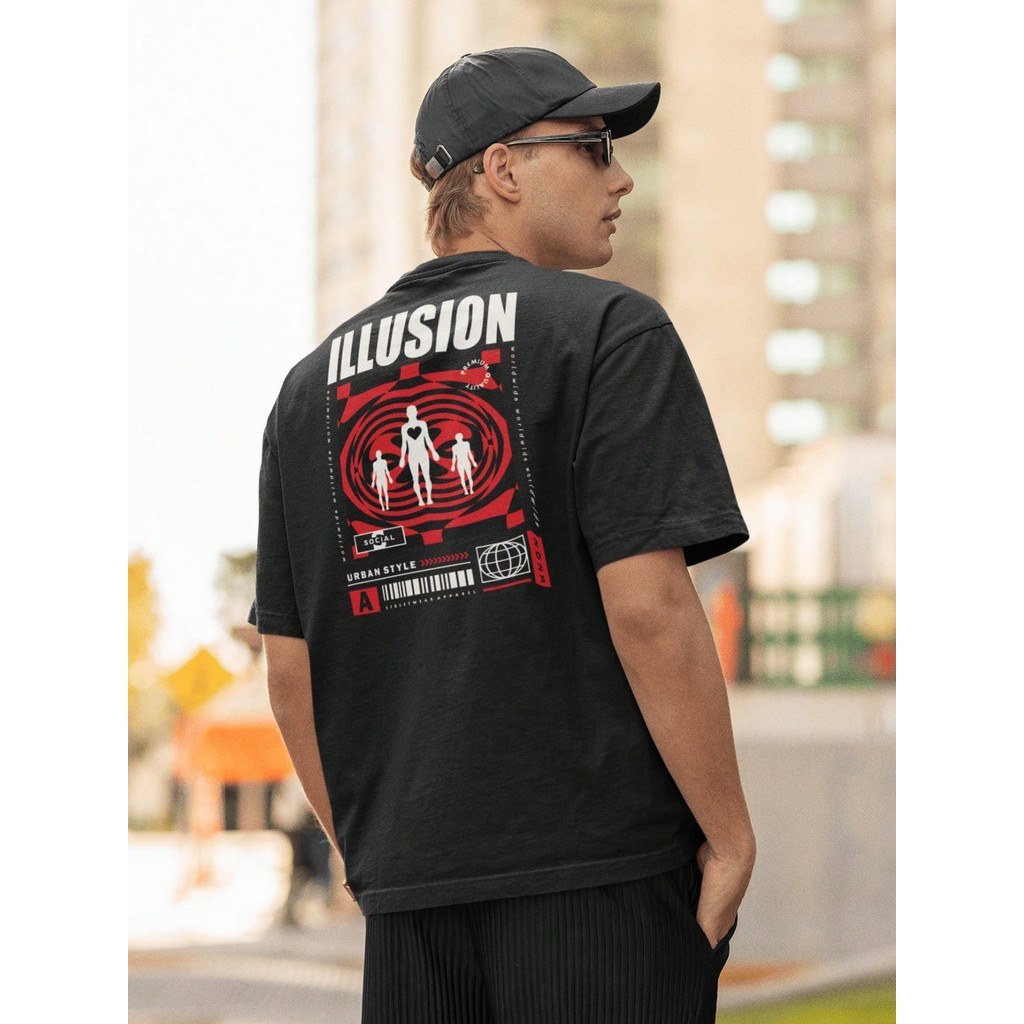 Camisa Camiseta Oversized Gola Alta Streetwear Masculino e Feminino 100% Algodão Preto e Off Whte Estampado - ILLUSION