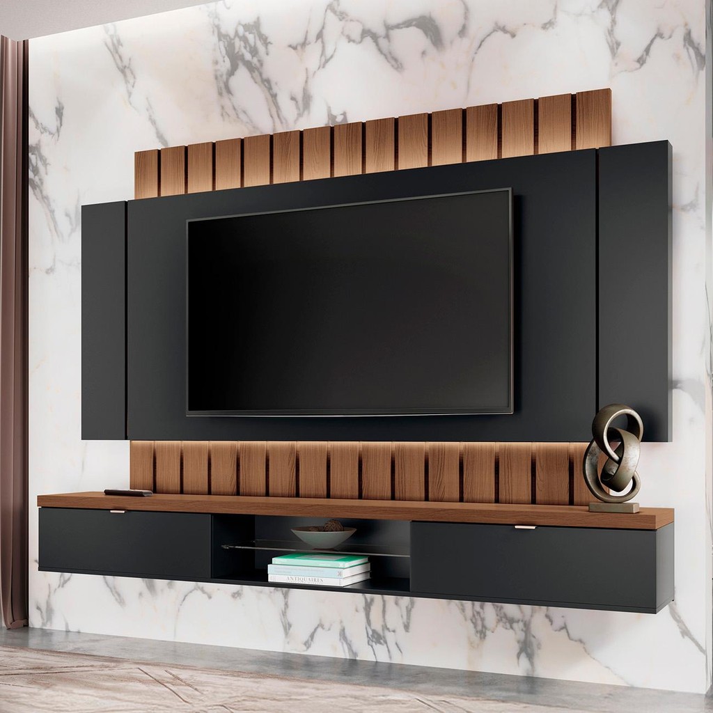 Painel TV 70 Pol 219cm Bancada Suspensa Illusion Preto/Castanho - HB Móveis