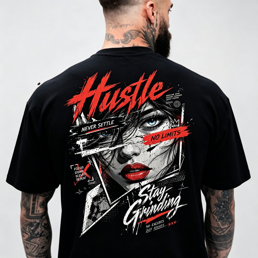 Camiseta Masculina Estampa Hustle Stay Grinding rosto feminino artístico frases motivacionais confortável moderna estilo