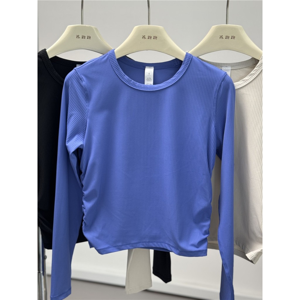 Chen Running Household Ladies com nervuras de manga comprida camiseta curta Slim fit tudo é preciso ioga corrida