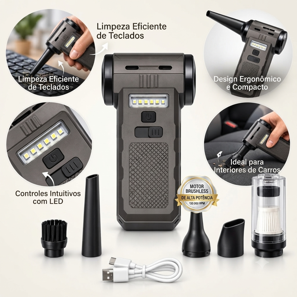 Mini Soprador Aspirador Turbo 2 em 1 130.000 Rpm Sem Fio Led Carro