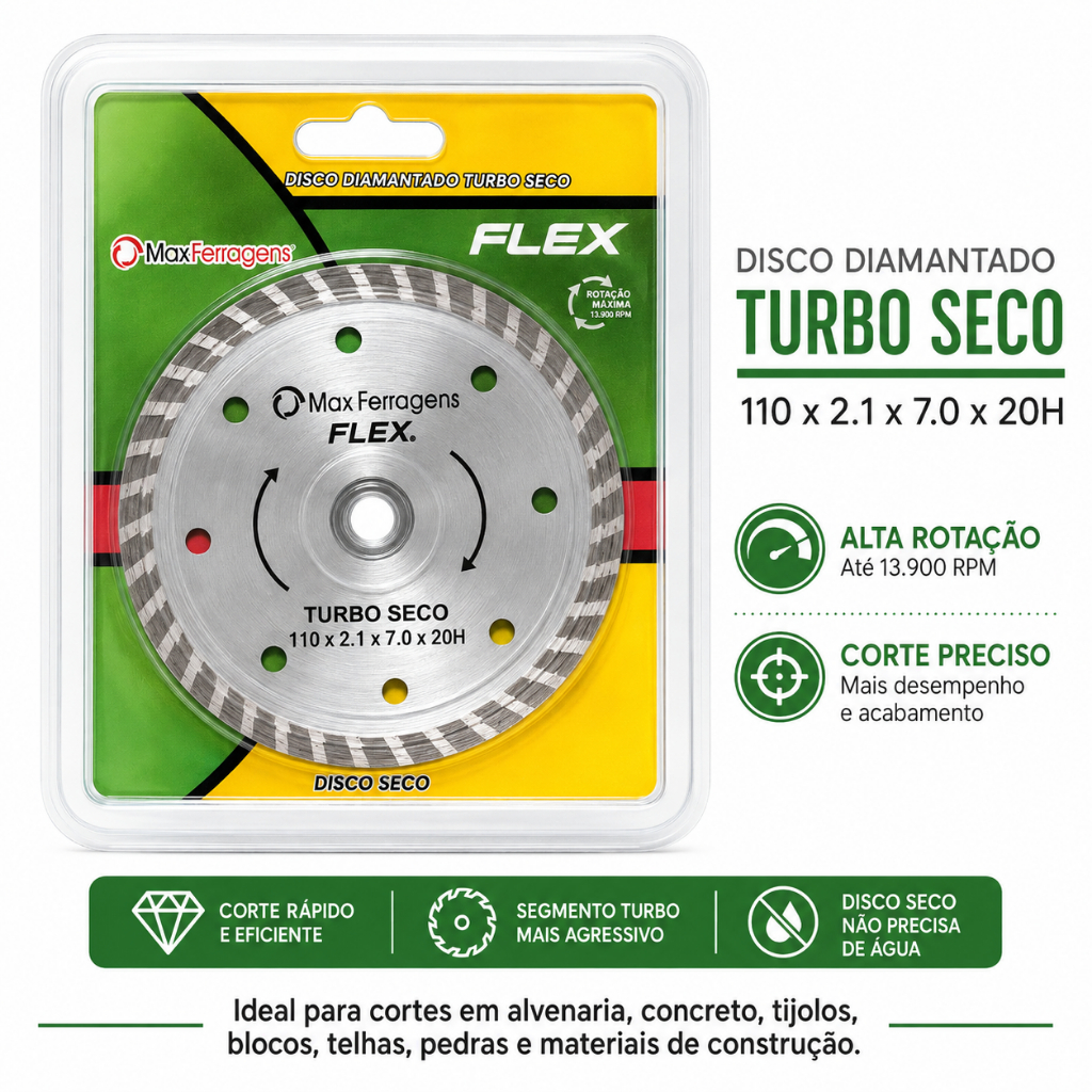 Disco Diamantado Turbo Seco 110mm  | Corte em Alvenaria e Concreto | 13.900 RPM