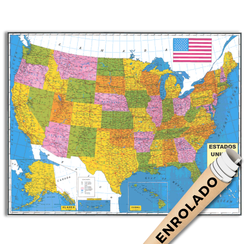 Mapa Estados Unidos Eua Usa Politico Geográfico Poster Gigante Enrolado