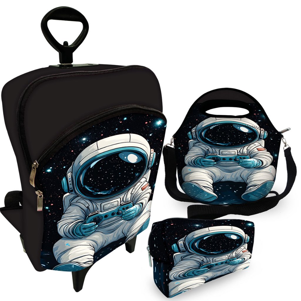 Super Kit Escolar Mochila com Carrinho Rodinha + Lancheira Escolar + Estojo Plus - Astro Controle  MEGA OFERTA