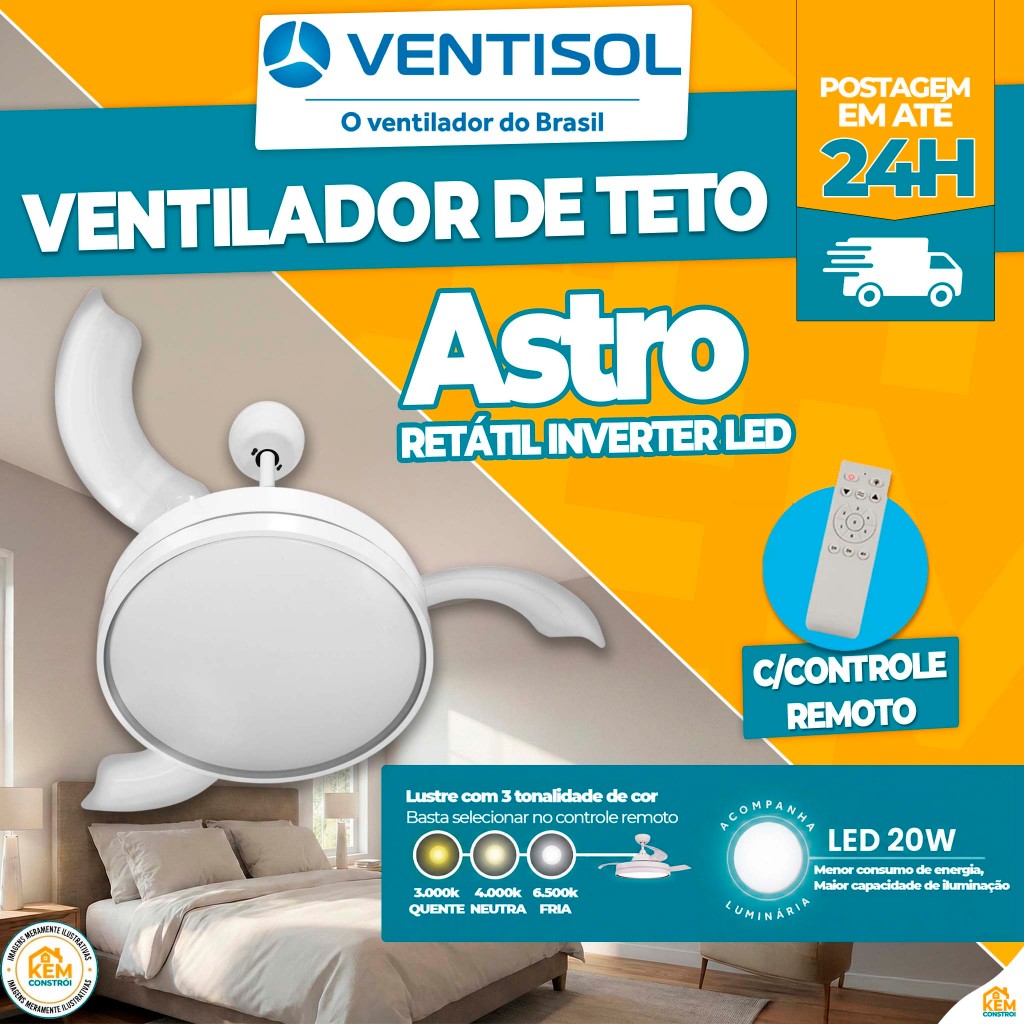 Ventilador Teto Retrátil Astro Inverter Ventisol LED Bivolt C/Controle Silencioso