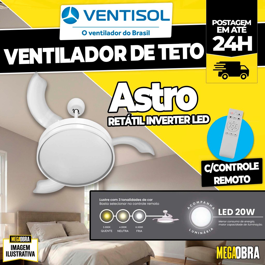 Ventilador Teto Ventisol Retrátil Astro Inverter C/Controle Silencioso LED Bivolt