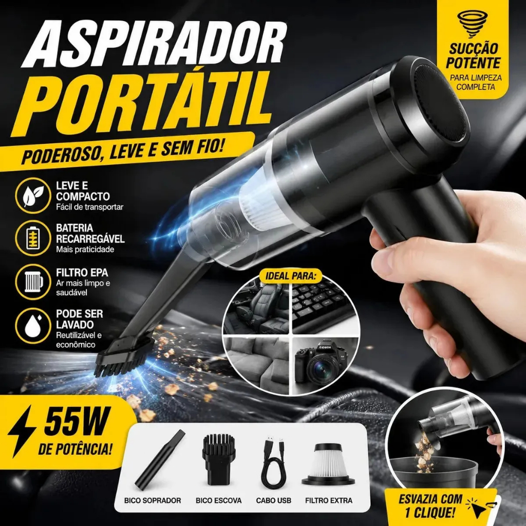 Mini Aspirador Portátil com Potente Sucção de 6000Pa para Casa e Carro