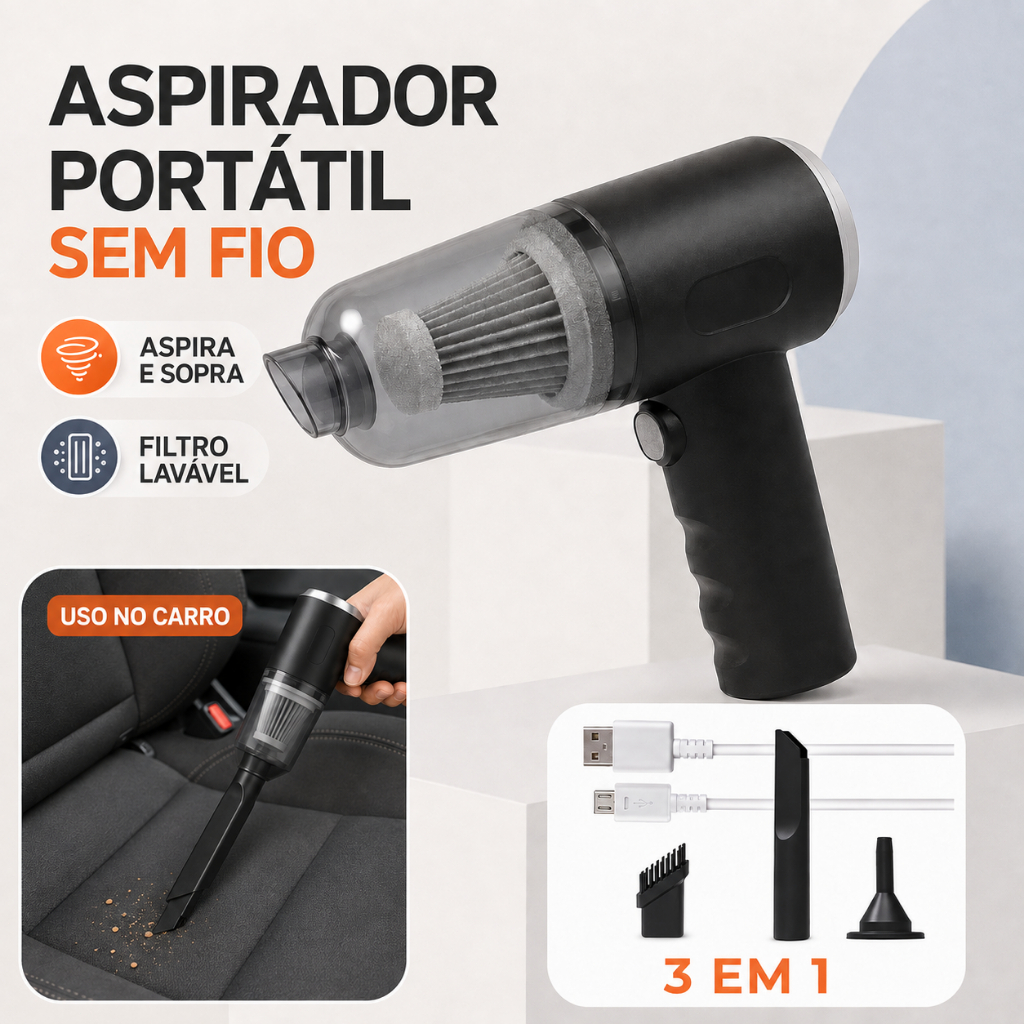 Aspirador de Pó Portátil 3 em 1 Sem Fio 6000Pa Recarregável USB para Carro Casa Pelos e Poeira