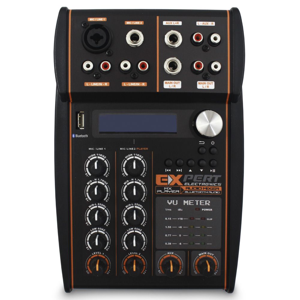 Mesa Som Automotivo Expert MX-Player Stereo 2 Canais 12v Bluetooth Usb Auxiliar Rca Microfone Equalizador 4 Bandas