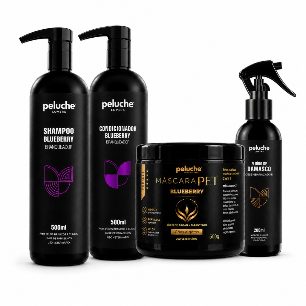 Kit Hidratação para Cachorro Shampoo Branqueador Condicionador Máscara Desembaraçador Peluche Pelos Claros