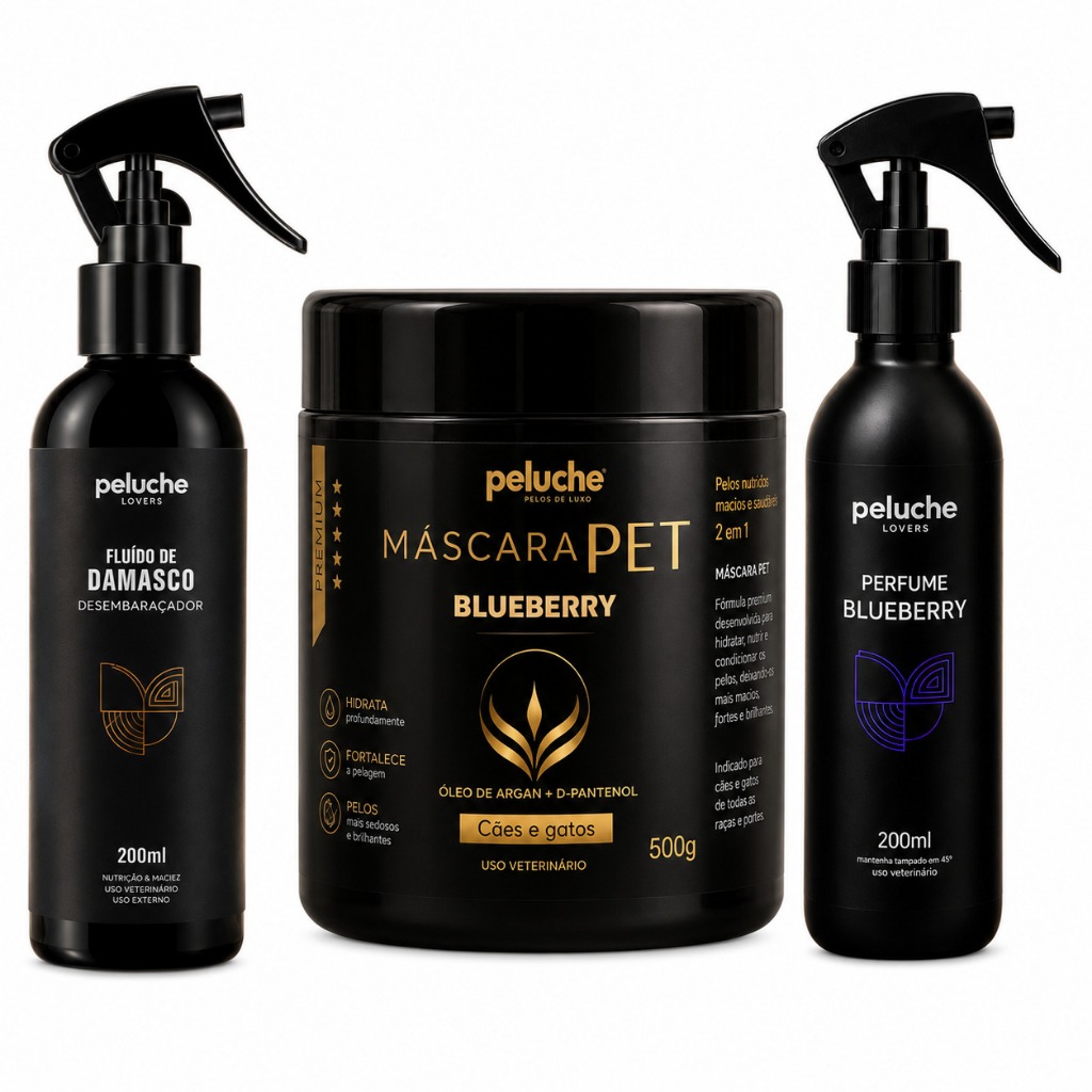 Kit Hidratação Pet Máscara Blueberry 500g Fluído Desembaraçador 200ml Perfume Blueberry Peluche Cães Gatos