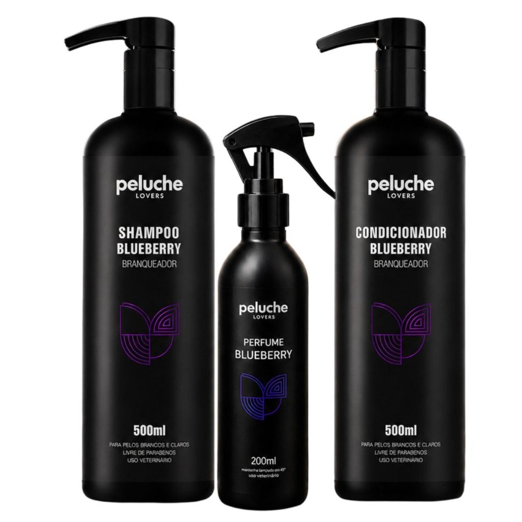 Kit Blueberry Peluche Shampoo + Condicionador + Perfume para Cães Pelos Brancos Banho Completo Pet