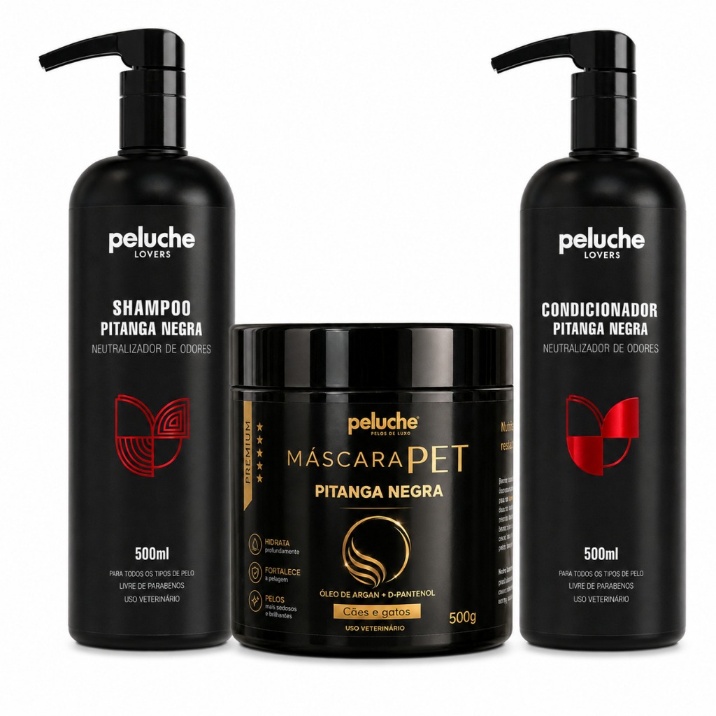 Kit Banho Pet Peluche 3 Itens Shampoo Eliminador de Odores Condicionador Máscara Pitanga Negra