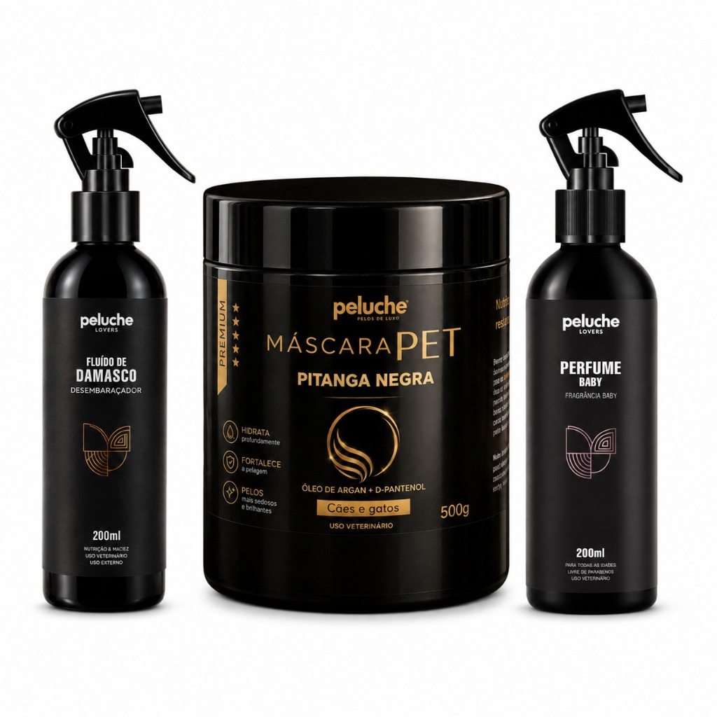 Kit Hidratação Pet Máscara Pitanga Negra 500g Fluído Desembaraçador 200ml Perfume Baby Peluche Cães Gatos