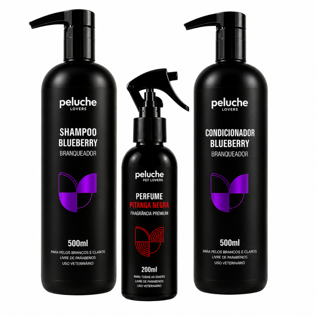 Kit Shampoo Branqueador Blueberry + Condicionador + Perfume Pitanga Negra Peluche Pet Cães 3 Itens