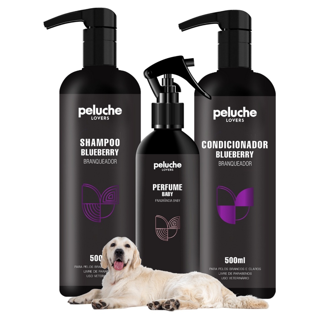 Kit Banho Cachorro Peluche 3 Itens Shampoo Branqueador Blueberry Condicionador Perfume Baby Pelos Claros
