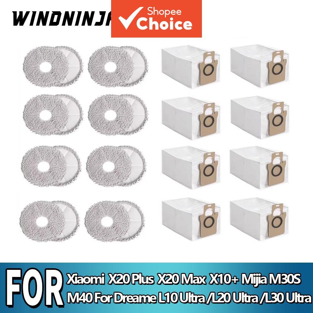 Sacos de Pó e Pastilhas para Esfregão para Xiaomi X20 Plus/X10 Plus/X20 Max /X10+, Peças de Substituição para Dreame L10