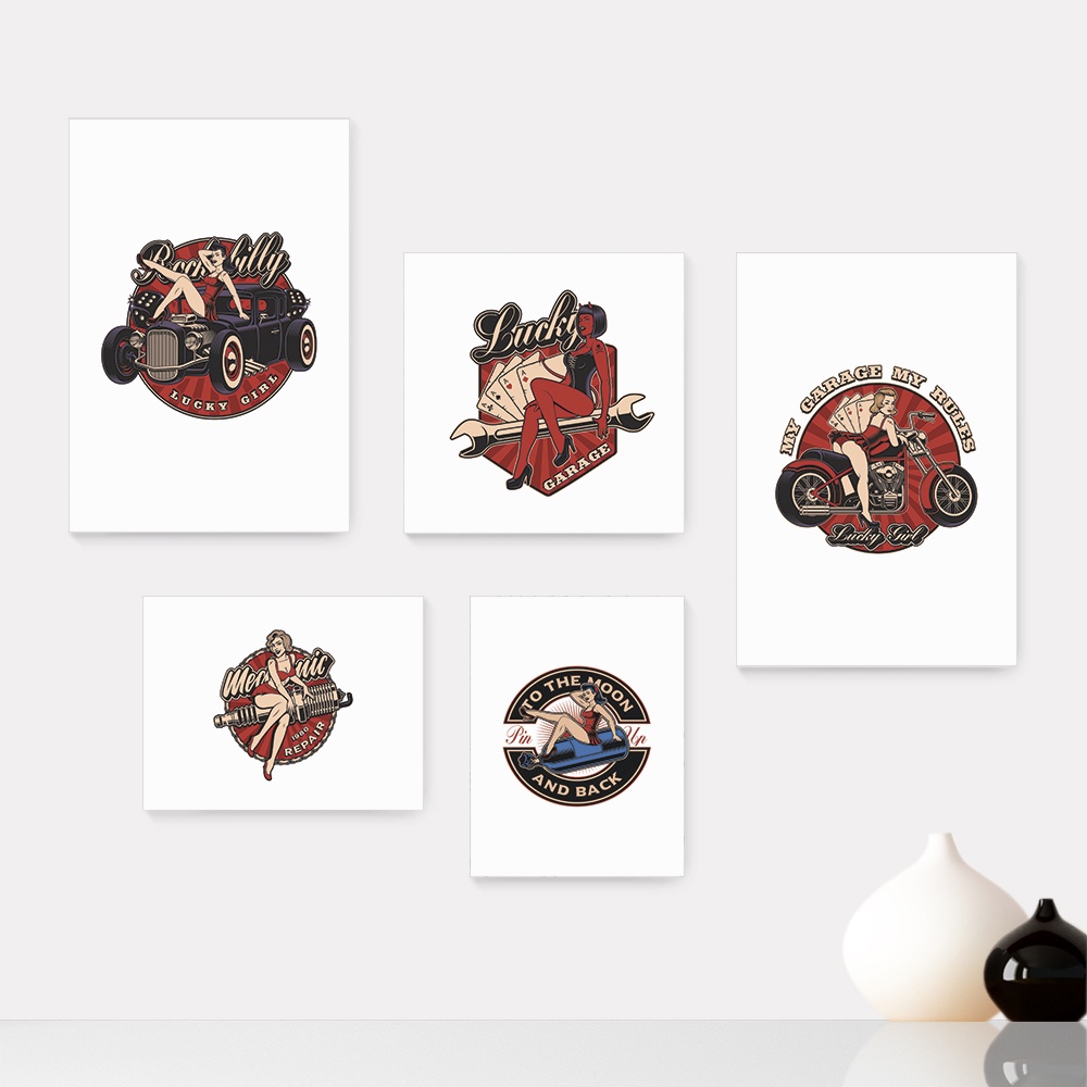 Kit 5 Quadros Decorativos Placas - Garage Pin Up Vintage Casa Quarto Sala - 116ktpl5