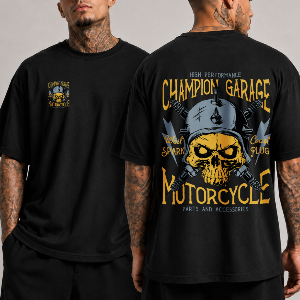 Camiseta masculina de manga curta preta e branca com estampa dupla: estampa de caveira e motocicleta “Champion Garage” –