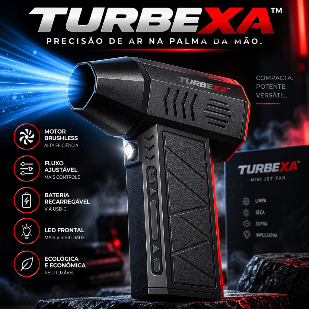 TURBEX™ Mini Jet Fan — Soprador de Ar Portátil Recarregável USB-C com Motor Brushless e LED