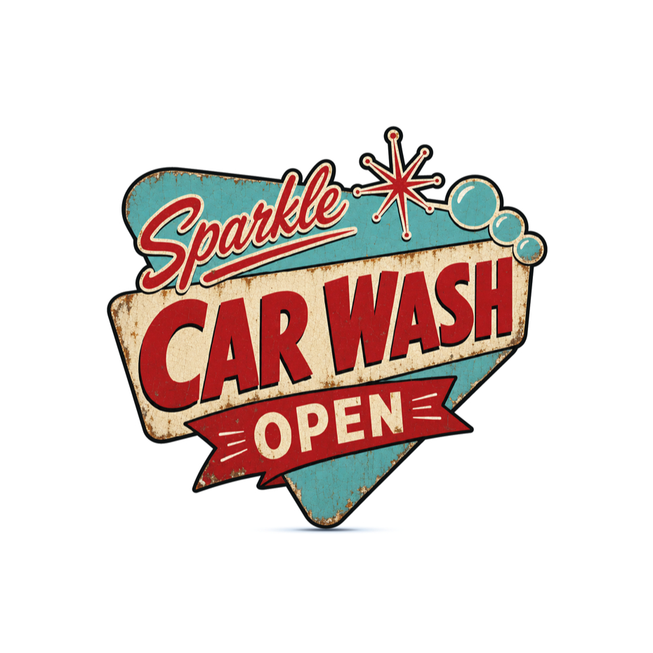 Placa Decorativa em ACM Sparkle Car Wash Open Lava Jato Lava Car Letreiro Retrô Vintage Anos 50 Diner - Recorte Especial