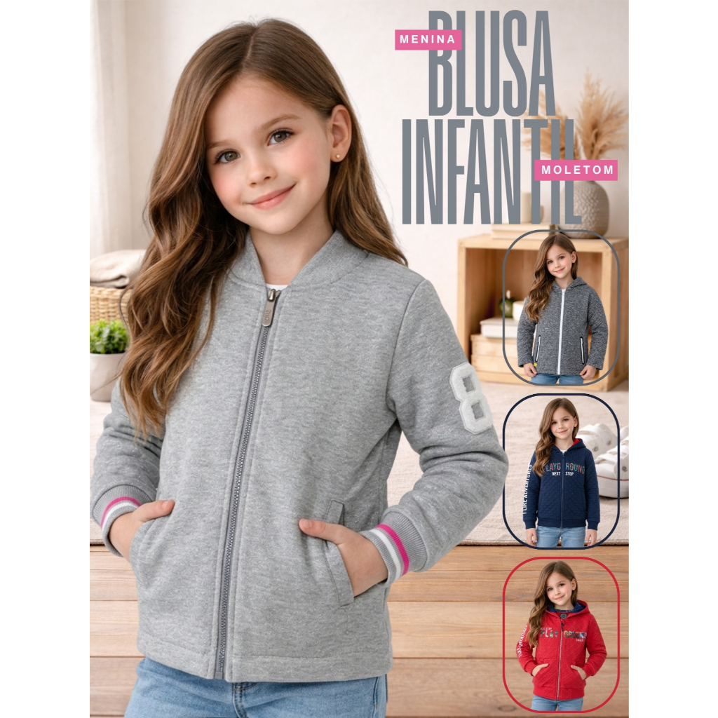 Blusa De Frio Casaco Moletom Infantil Zíper Menina Olyns